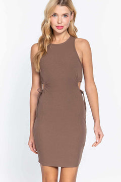 Sleeveless Round Neck Side Cut Out Detail Mini Dress-Brown