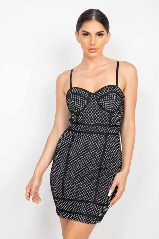 Sleeveless Sparkle Honeycomb Bodycon Dress-Black/Silver