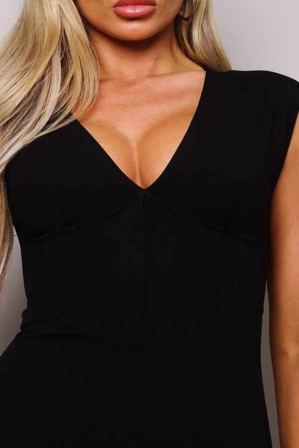 Sleeveless V Neck Corset Bodycon Midi Dress-Black