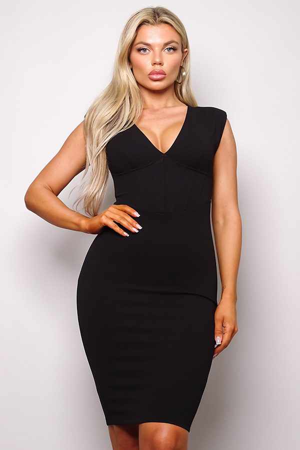 Sleeveless V Neck Corset Bodycon Midi Dress-Black