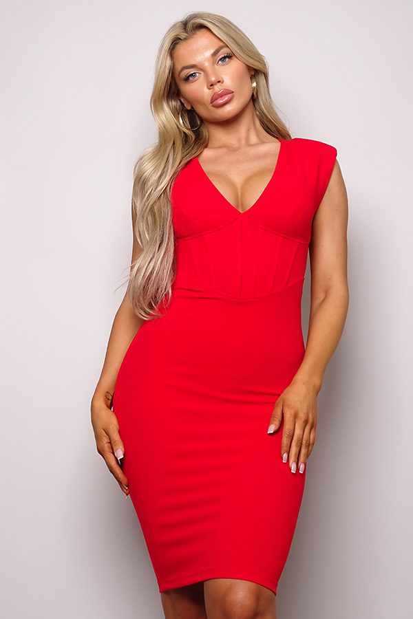 Sleeveless V-Neck Corset Bodycon Midi Dress-Red