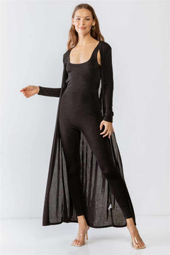 Slim Fit Jumpsuit & Long Sleeve Cardigan Set-Black
