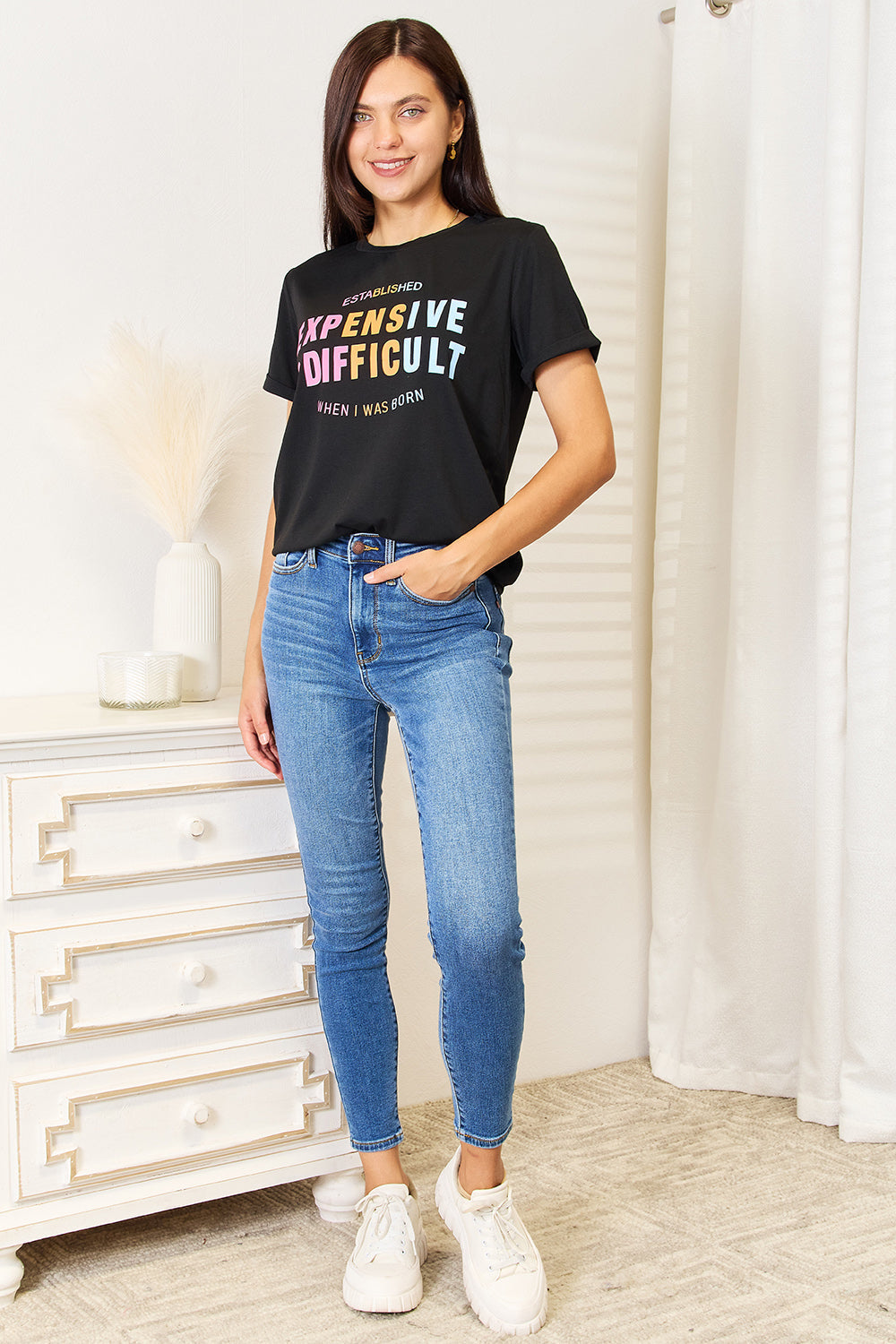 Slogan Graphic Cuffed Sleeve T-Shirt