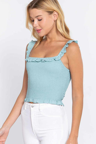 Smocking Ruffle Cami Woven Top-Mint
