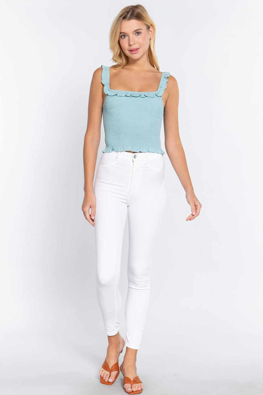 Smocking Ruffle Cami Woven Top-Mint