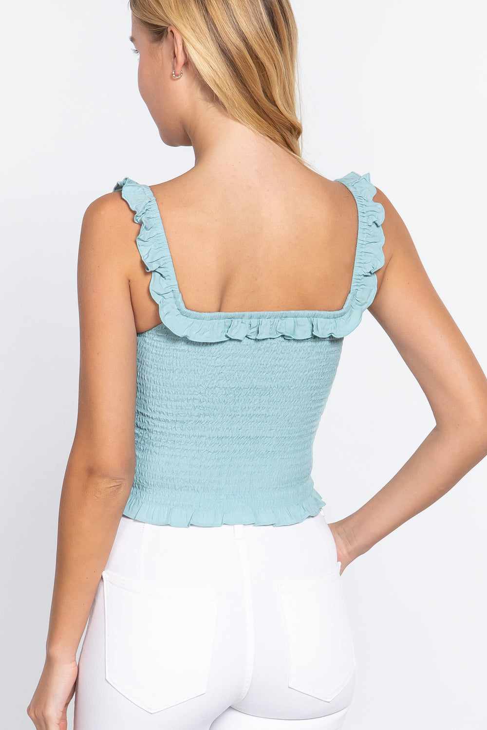 Smocking Ruffle Cami Woven Top-Mint