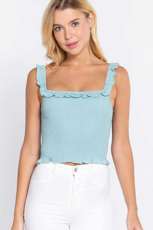 Smocking Ruffle Cami Woven Top-Mint