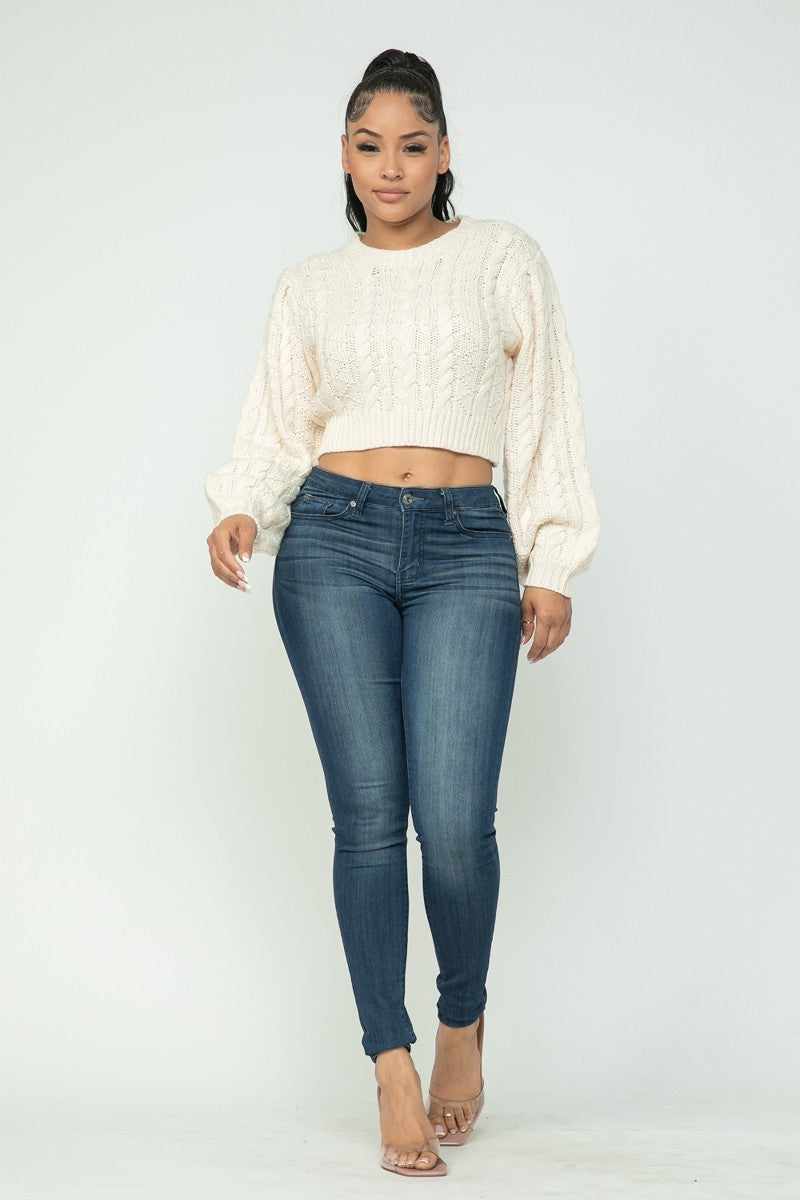 Solid Cable Pullover Top-Cream