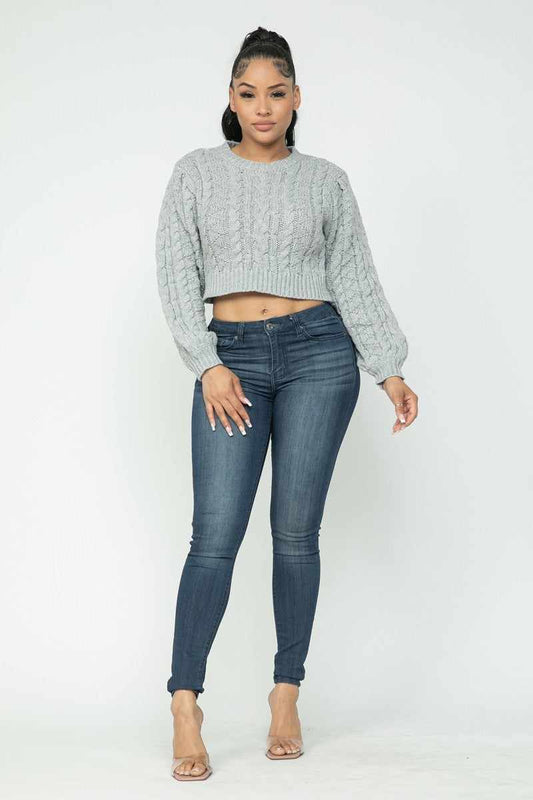 Solid Cable Pullover Top-Heather Grey