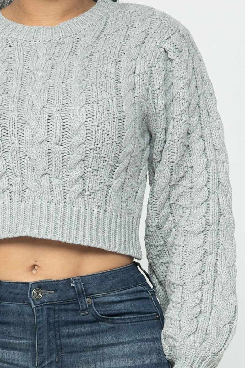 Solid Cable Pullover Top-Heather Grey