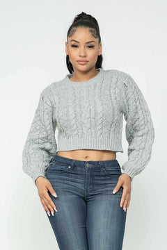 Solid Cable Pullover Top-Heather Grey