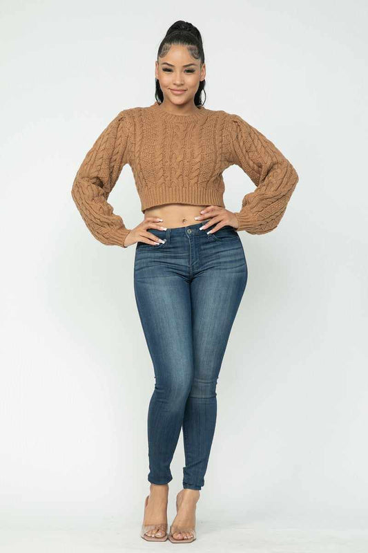 Solid Cable Pullover Top-Mocha