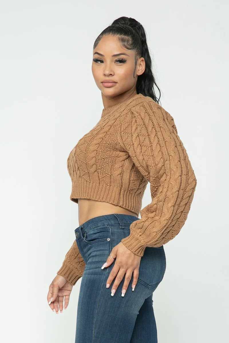 Solid Cable Pullover Top-Mocha