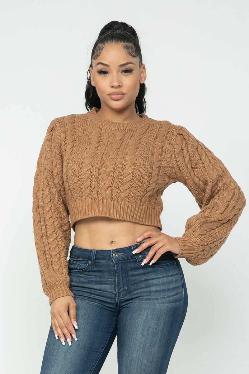 Solid Cable Pullover Top-Mocha