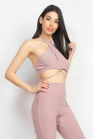 Solid Halter Top And Elastic Leggings Set-Coco