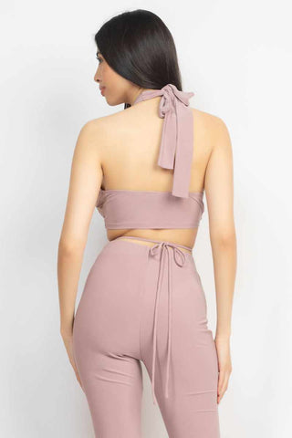 Solid Halter Top And Elastic Leggings Set-Coco