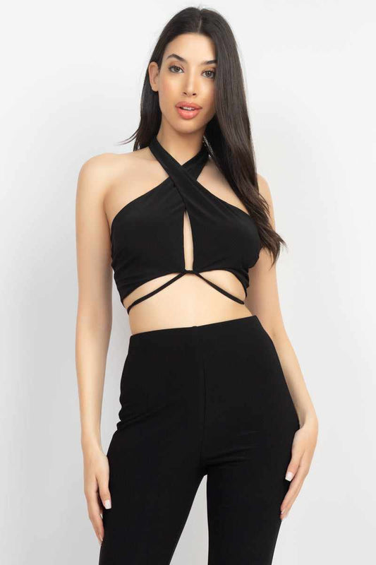 Solid Halter Top And Elastic Leggings Set-Black