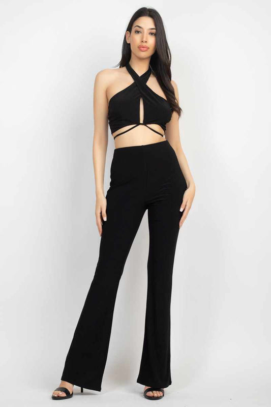 Solid Halter Top And Elastic Leggings Set-Black