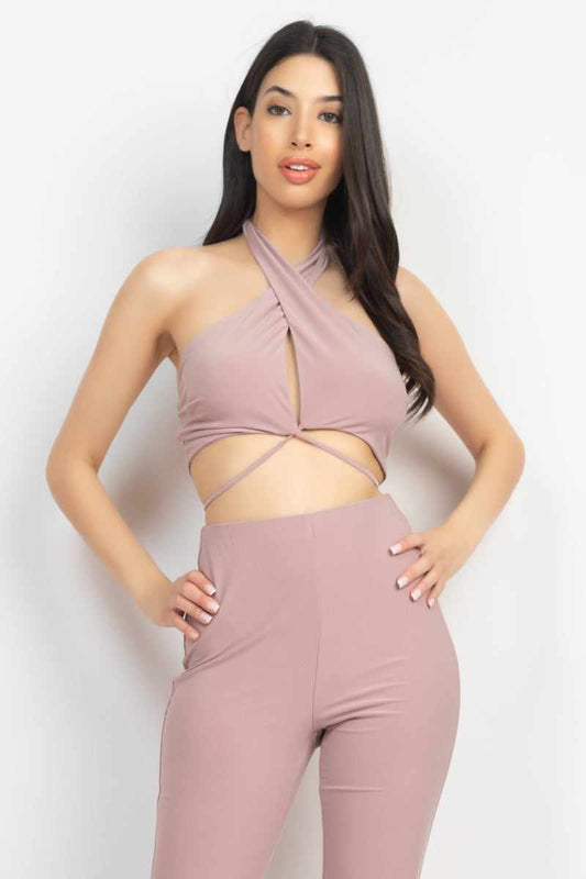 Solid Halter Top And Elastic Leggings Set-Coco