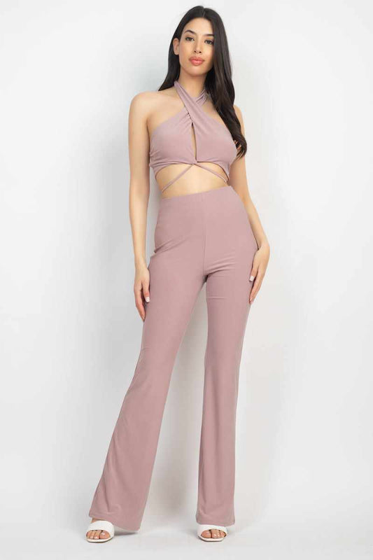 Solid Halter Top And Elastic Leggings Set-Coco