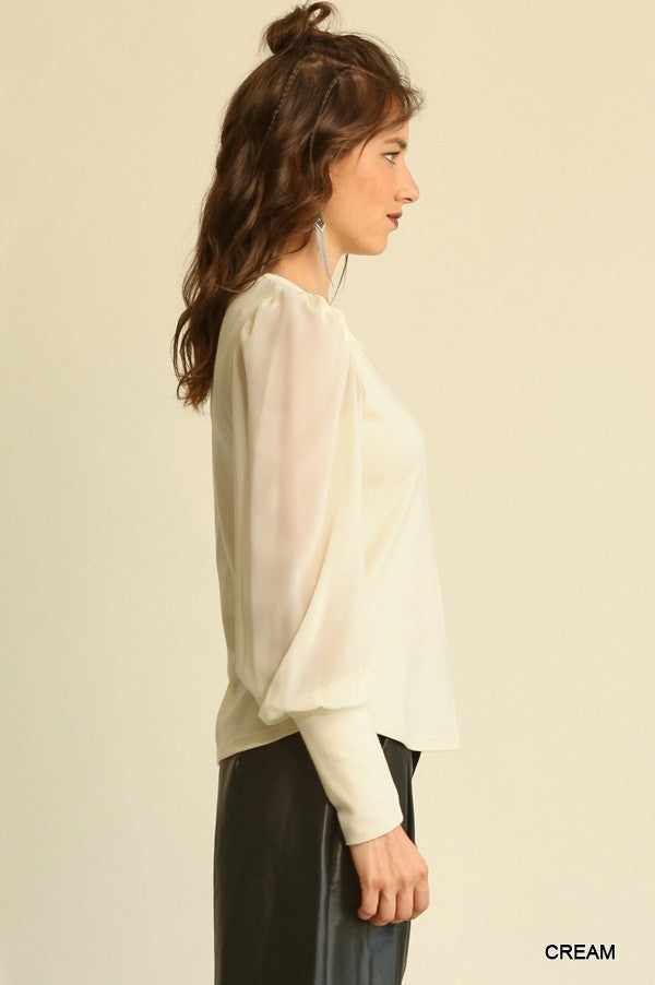 Solid Knit And Chiffon Mixed Top With Puff Long Sleeve-Cream