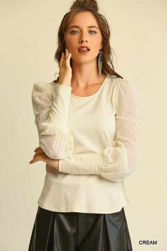 Solid Knit And Chiffon Mixed Top With Puff Long Sleeve-Cream