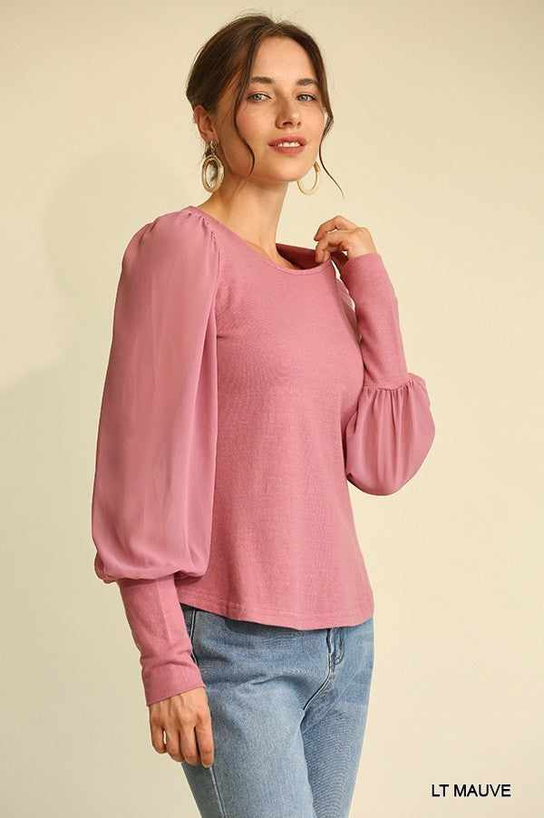 Solid Knit And Chiffon Mixed Top With Puff Long Sleeve-Mauve