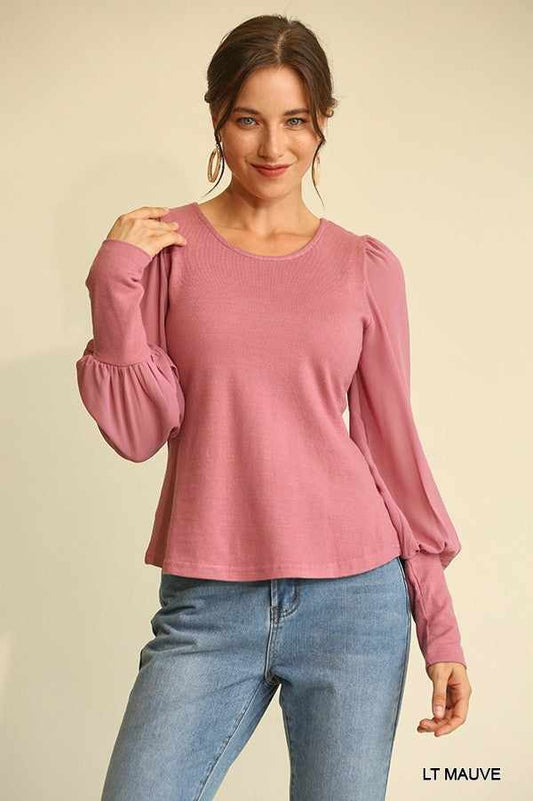 Solid Knit And Chiffon Mixed Top With Puff Long Sleeve-Mauve