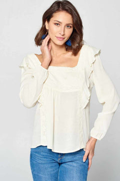 Solid Loose-fit Gauze Peasant Blouse-Off White