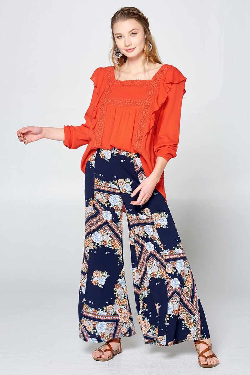 Solid Loose-fit Gauze Peasant Blouse-Tomato Red