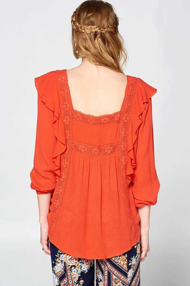 Solid Loose-fit Gauze Peasant Blouse-Tomato Red