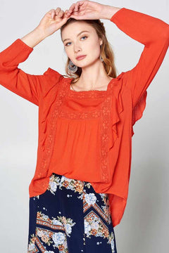 Solid Loose-fit Gauze Peasant Blouse-Tomato Red