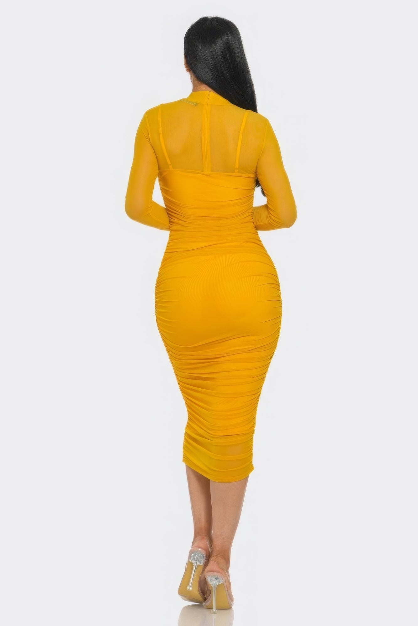 Yellow ruched midi dress with long sleeves and smock neck, featuring a flattering silhouette and elegant design, viewed from the back.