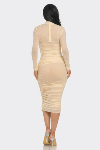 Cream solid mesh ruched midi dress with smock neck and long sleeves, showcasing an elegant and flattering silhouette from the back.