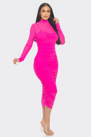 Bright pink mesh ruched midi dress with long sleeves and elegant silhouette