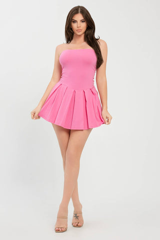 Solid Pleated Inside Shorts Tube Mini Dress