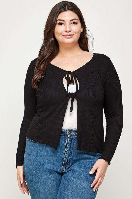 Solid Ribbed Pointelle Cardigan-Black