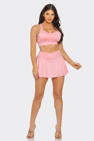 Solid Tank Top And Pleated Inside Shorts Skirt Set