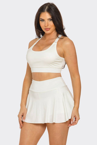 Solid Tank Top And Pleated Inside Shorts Skirt Set