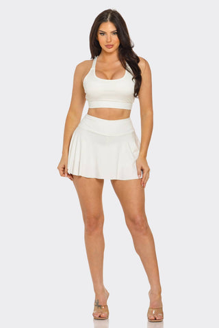 Solid Tank Top And Pleated Inside Shorts Skirt Set