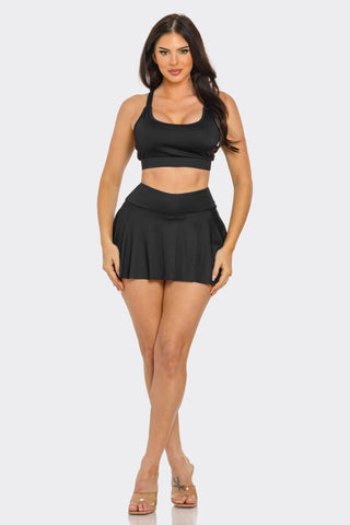 Solid Tank Top And Pleated Inside Shorts Skirt Set