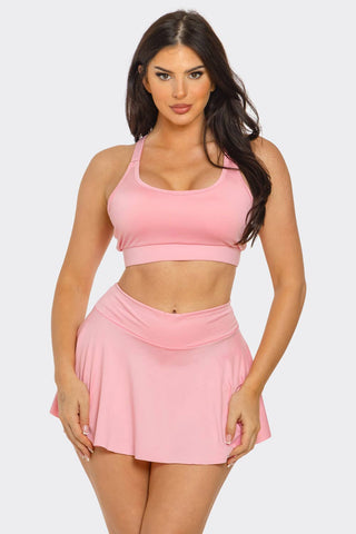 Solid Tank Top And Pleated Inside Shorts Skirt Set