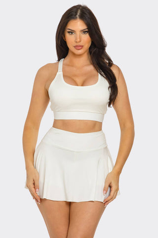 Solid Tank Top And Pleated Inside Shorts Skirt Set