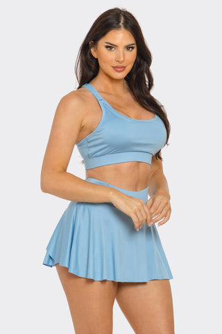 Solid Tank Top And Pleated Inside Shorts Skirt Set