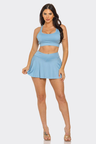 Solid Tank Top And Pleated Inside Shorts Skirt Set