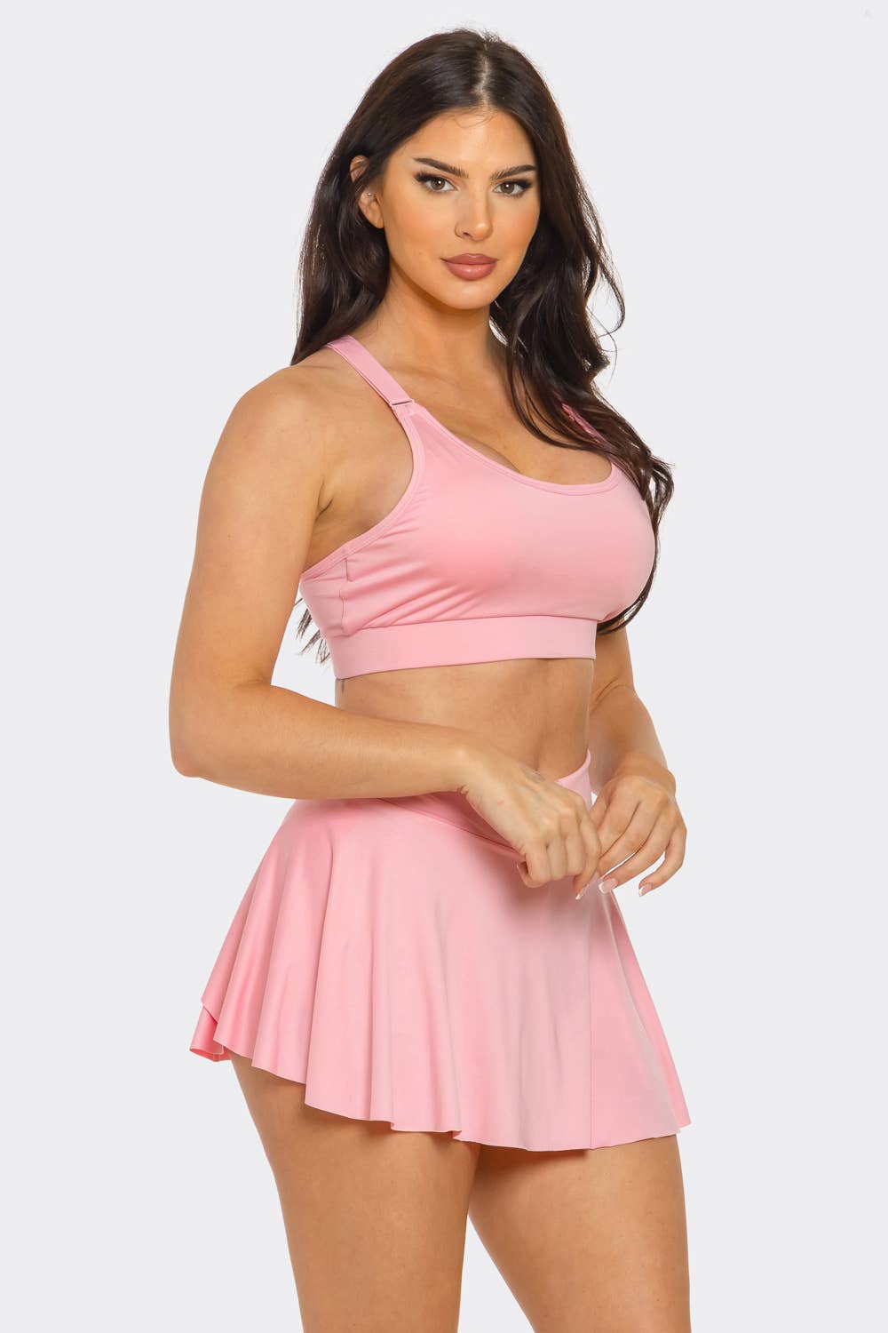 Solid Tank Top And Pleated Inside Shorts Skirt Set