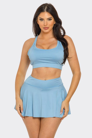 Solid Tank Top And Pleated Inside Shorts Skirt Set