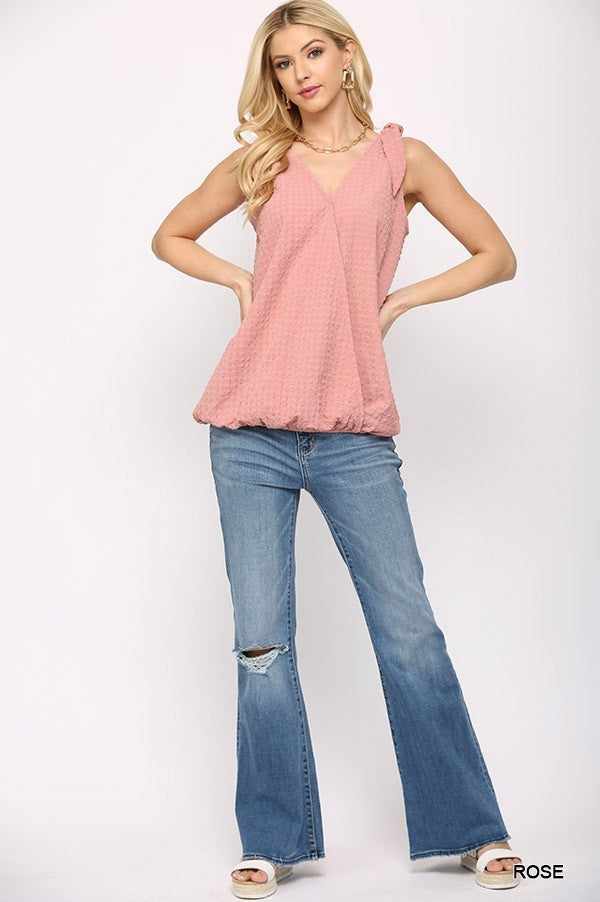 Solid Textured And Sleeveless Surplice Top With Shoulder Tie-Rose