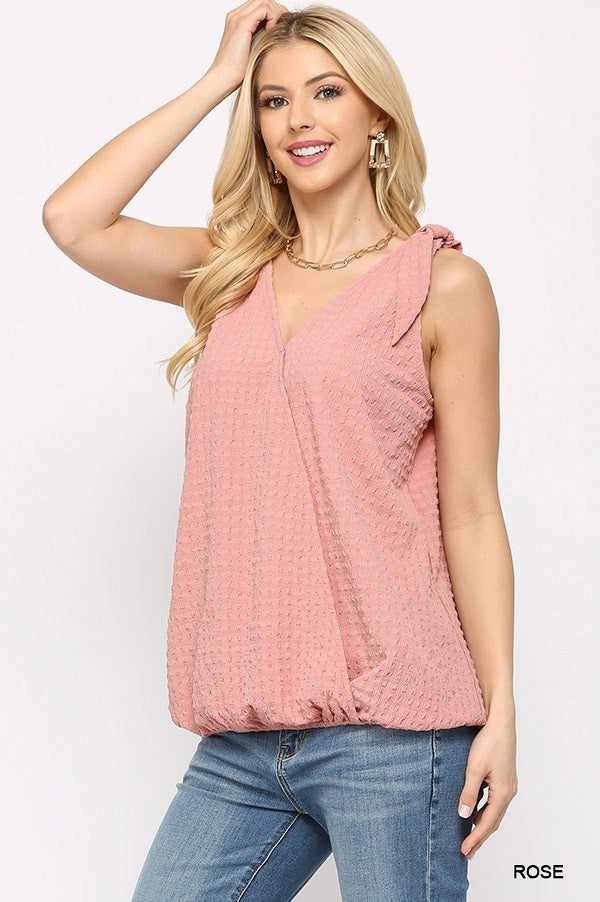 Solid Textured And Sleeveless Surplice Top With Shoulder Tie-Rose