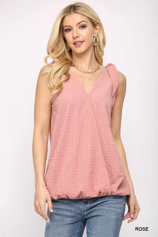 Solid Textured And Sleeveless Surplice Top With Shoulder Tie-Rose